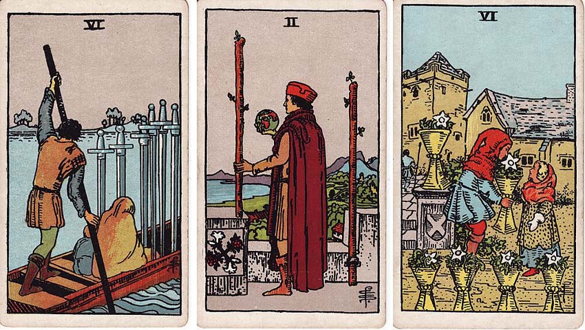 Image of Betty Jane Ware's May 2025 Three Card Spread with Six of Swords, Two of Wands, Six of Cups.