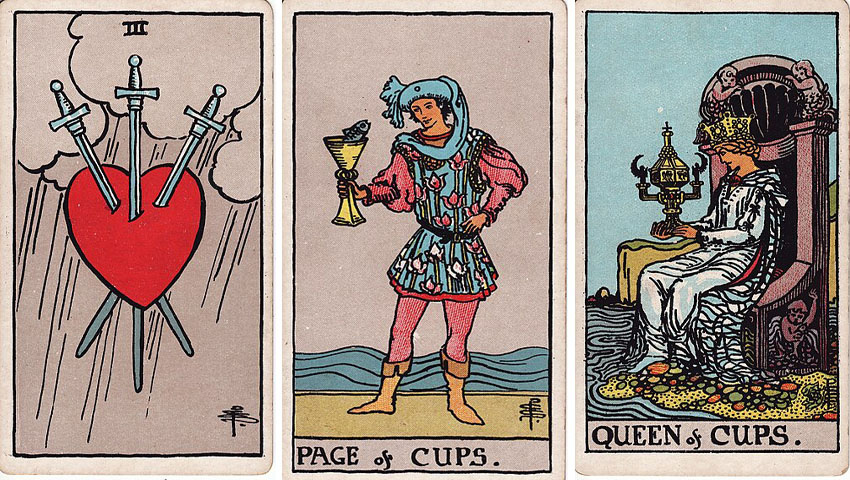 Image of Betty Jane Ware's Three Card Reading of Three of Swords, Page of Cups, Queen of Cups