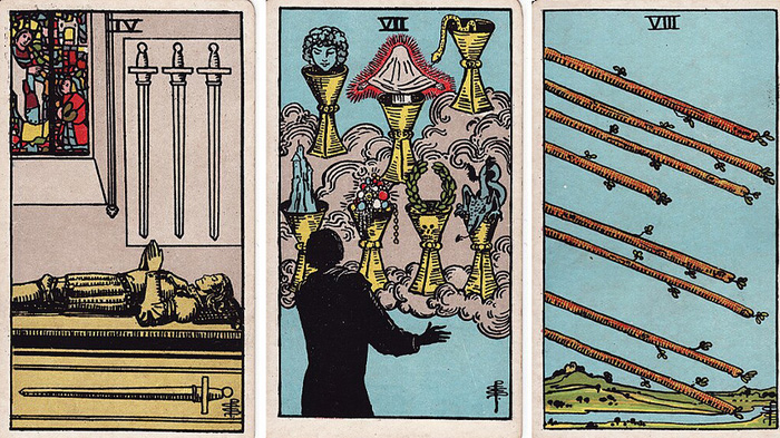 Image of Betty Jane Ware's Three Card Reading - Four of Wands - Seven of Cups - Eight of Wands