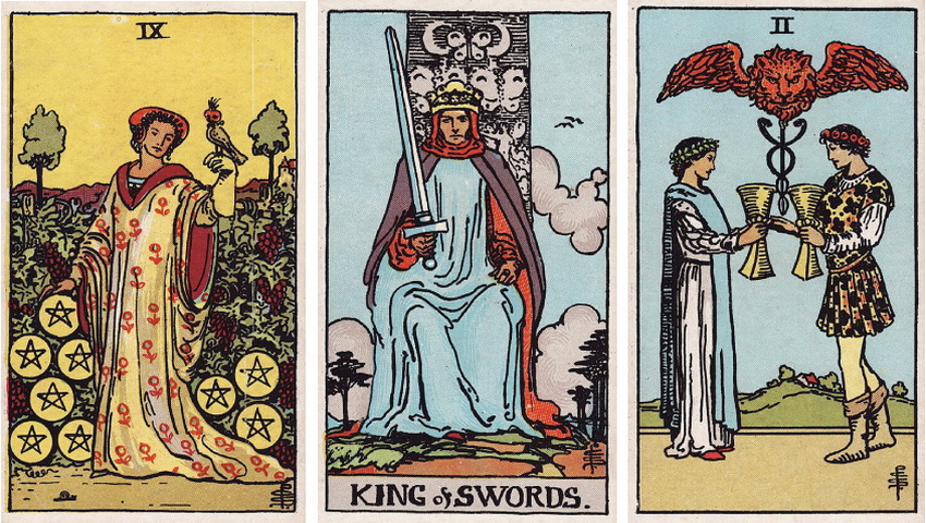 Image of Betty Jane Ware's Three Card Reading Nine of Pentacles, King of Swords, Two of Cups.